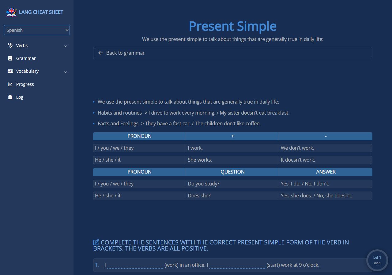 Present Simple topic page in Lang Cheat Sheet
