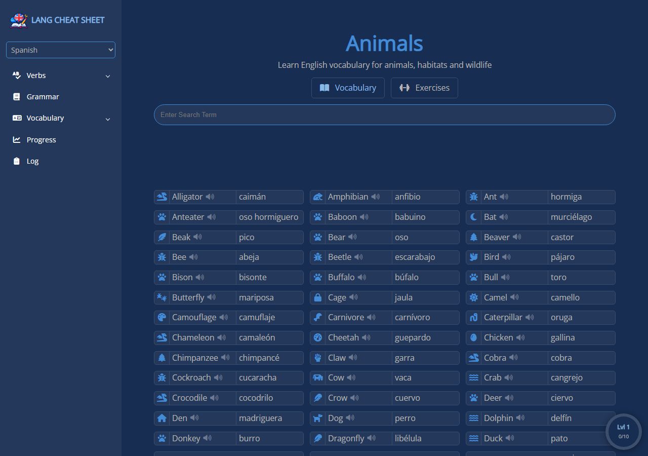 Animal vocabulary in Lang Cheat Sheet